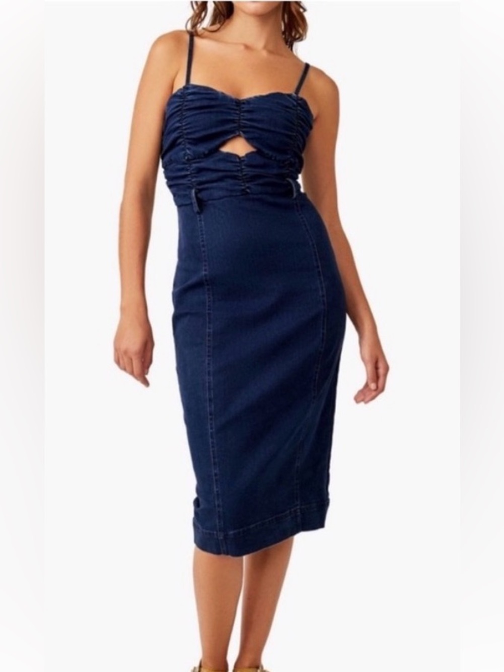 Free People Serenity Midi Dress Midnight Denim Ruched Cutout